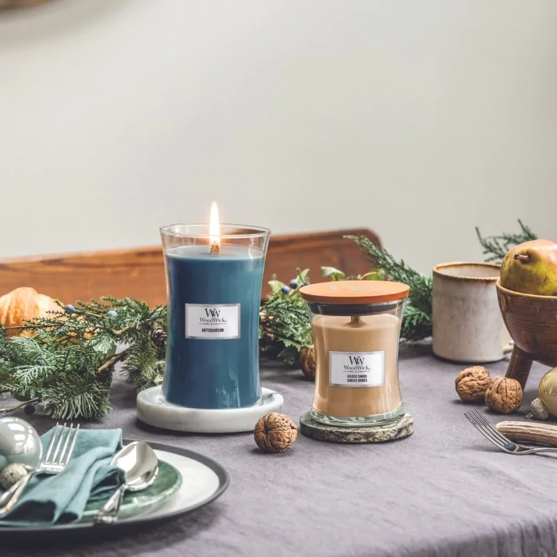 WoodWick Gilded Sands średnia świeca zapachowa skwierczący knot 275g