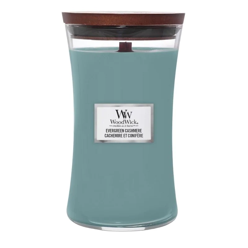 WoodWick Evergreen Cashmere duża świeca zapachowa skwierczący knot 610g