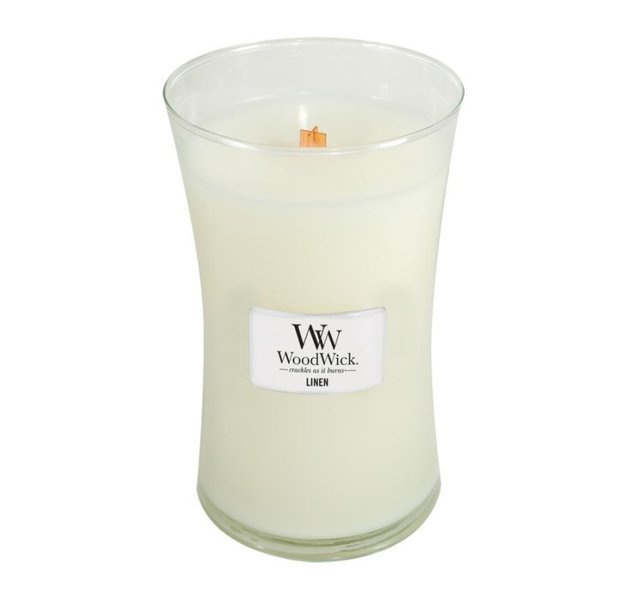 WoodWick Linen duża świeca zapachowa skwierczący knot 610g