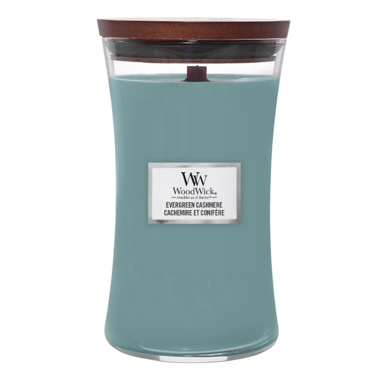 WoodWick Evergreen Cashmere duża świeca zapachowa skwierczący knot 610g